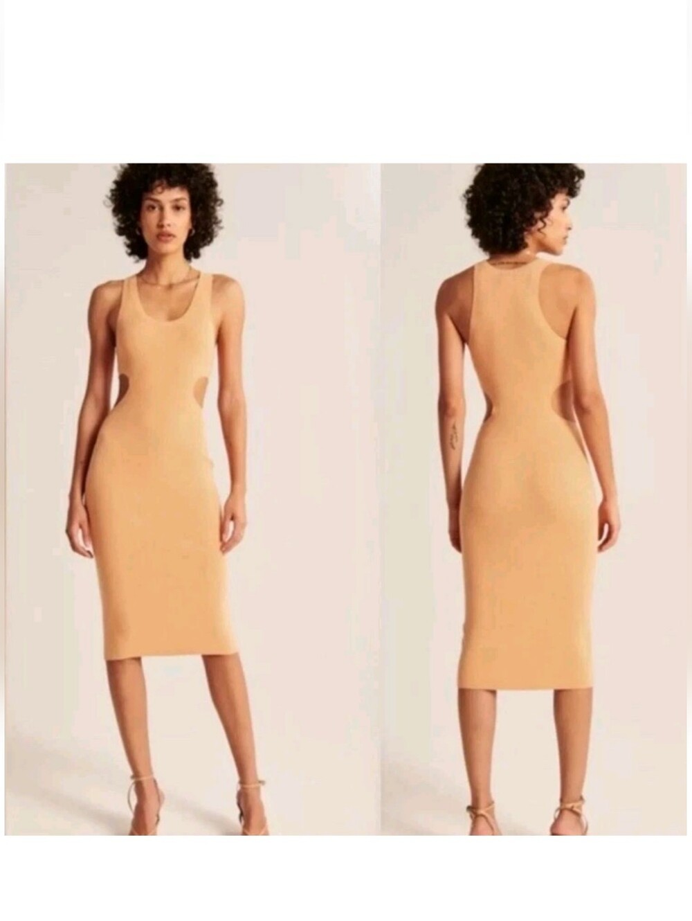 Abercrombie & Fitch Medium Petite Ribbed Side Cutout Midi Dress Peach Bodycon - Picture 1 of 8